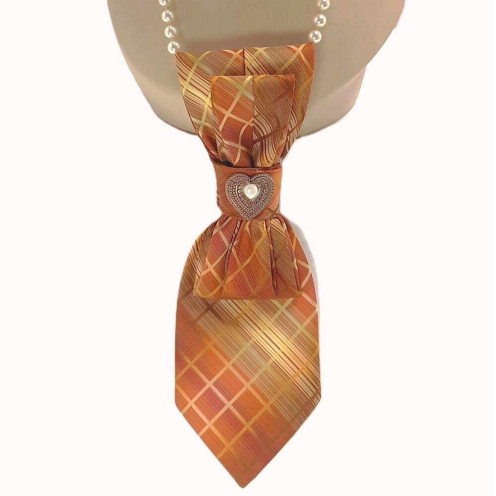 Artisan Upcycled Men's Tie Necklace Plaid Pumpkin Orange Pendant Faux Pearls